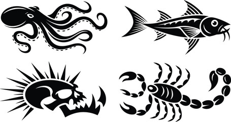Black vector silhouette set of an octopus fish scorpion and a spiked skull for nautical branding tattoo art edgy streetwear and creative graphic design © MdMamunur
