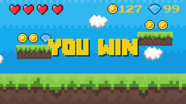 Pixel art game victory screen with 'You Win' message, featuring hearts, coins, and diamonds. A classic retro digital achievement