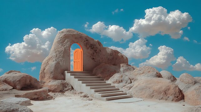 Stone archway door stands open leading up stairs in a rocky desert landscape.