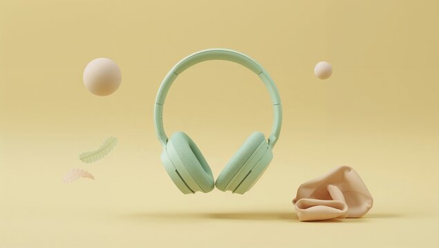 Mint green wireless headphones floating in air with abstract shapes against a pastel yellow background