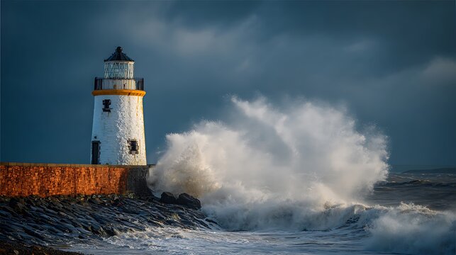 Historic lighthouse stands firm against a towering ocean wave crashing violently on.
