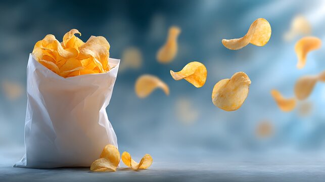Salty potato chips explode from a white paper bag against a blue abstract background.