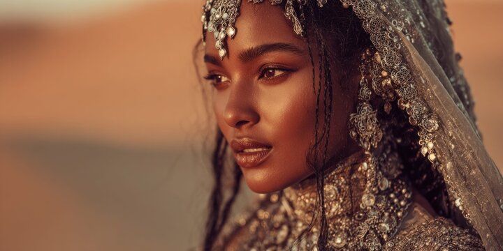 Elegant woman in ornate traditional attire with intricate jewelry in desert landscape