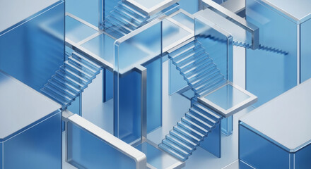 Obraz premium Abstract 3D Render of Blue Glass and White Geometric Interconnected Architectural Structure with Stairs