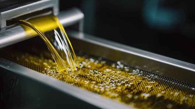 Stream of olive oil coming out of a modern inox press 