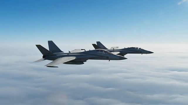 Two fighter jets flying in formation above clouds