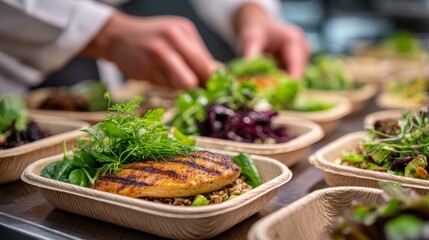 Obraz premium Chefs arrange colorful ingredients for healthy takeout meals in a busy kitchen preparing balanced diets for customers