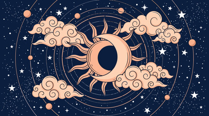 Mystical Sun and Moon Harmony: Celestial Sky with Clouds, Stars, and Planets © Fery