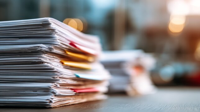 Close-up of stacked documents on a desk during tax season in a softly lit office with a shallow depth of field