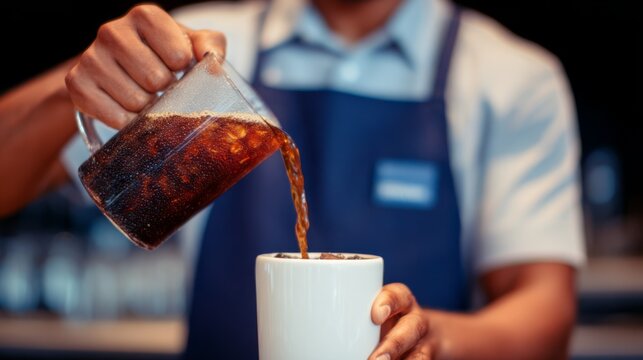 A barista in a blue apron carefully pours hot coffee from a glass server into a white mug, capturing warmth and hospitality ideal for cafe branding, menus, or lifestyle content.