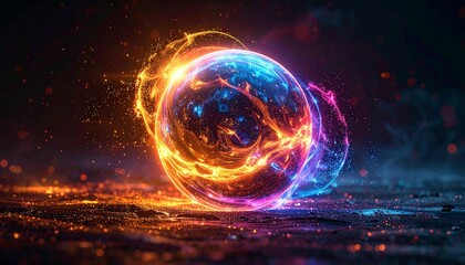 Obraz premium Pulsing light orb with particle halo, black background