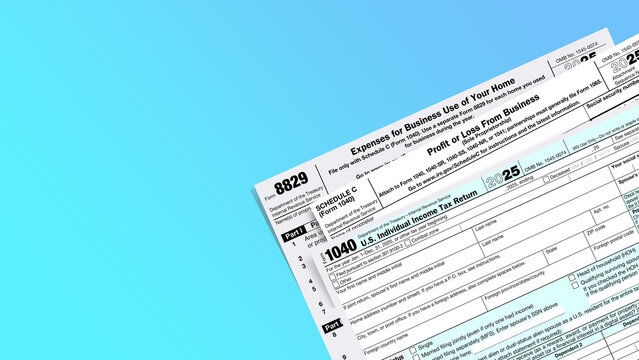 Tax form 8829 and 1040 stacked against a blurred blue and white gradient background