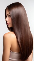 Fototapeta premium Beautiful woman with long, shiny, healthy brown hair styled smoothly