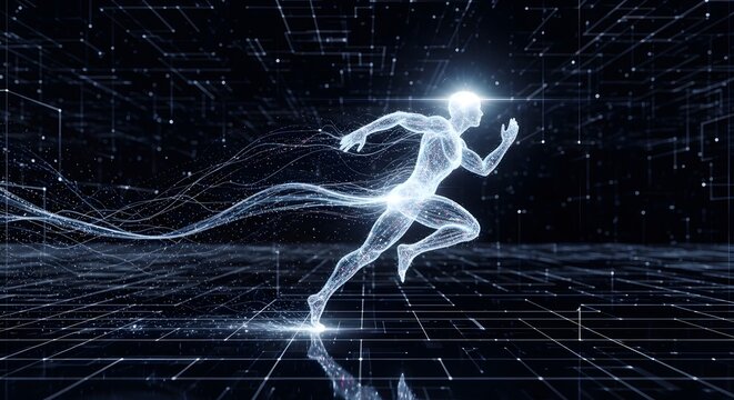 Abstract digital illustration of a futuristic human runner, showcasing speed, agility, and advanced technology with glowing particles and data streams against a dark, geometric background