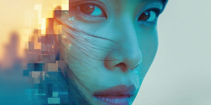Close-up of a woman's face with digital overlay and city skyline in the background