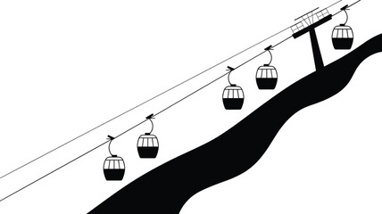 Minimalist Black and White Vector Illustration of a Mountain Cable Car Gondola Lift System Transporting Passengers Up a Steep Snowy Winter Ski Resort Slope (24 words) © MdGolam