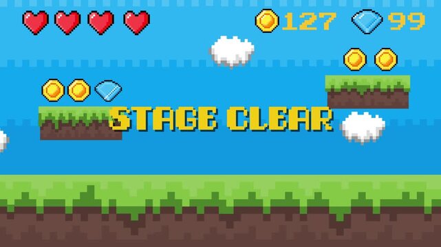 Triumphant 'STAGE CLEAR' in a classic pixel art game. Retro platformer scene with coins, diamonds, and health, evoking nostalgic gaming memories and achievement