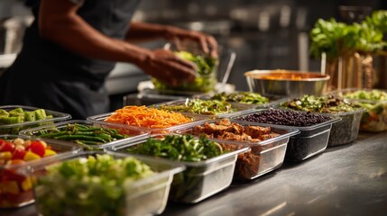 Obraz premium Chef prepares sustainable meal containers in a professional kitchen setting