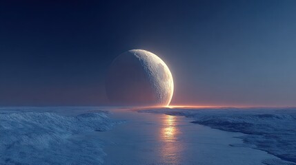 A giant moon rises over a surreal, icy landscape