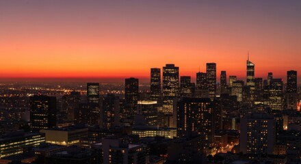 Skyline bathed in twilight's glow, urban lights twinkle against a vibrant sky