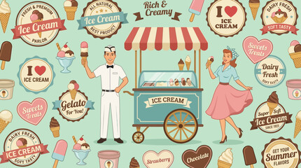Retro Ice Cream Pattern with Vendor, Woman, Cart, and Assorted Sweet Treats & Dessert Labels - Vintage Summer Food Design © Fery