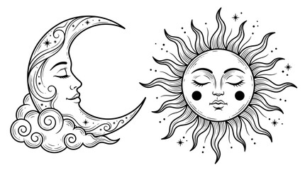 Mystical Sun and Moon Faces Line Art Vector Illustration. Celestial Black and White Elements for Spiritual, Boho, and Esoteric Designs. © Fery