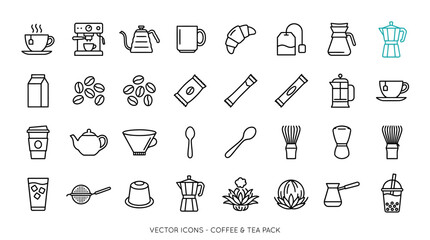 Naklejka premium Coffee & Tea Vector Line Icons Pack. Outline Beverage Symbols, Cafe & Breakfast Elements Collection.