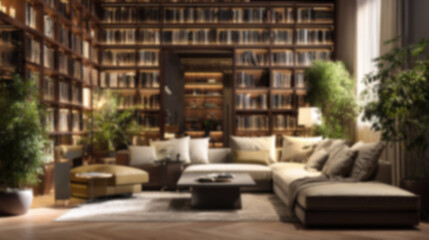 Fototapeta premium Blurred view of a modern home library with dark wooden bookshelves filled with books and green plants.
