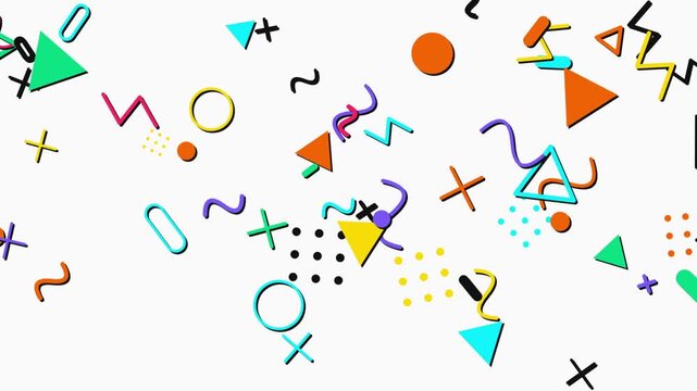 Abstract animation with geometric shapes and symbols in bold and soft colors, including triangles, rectangles, circles, and lines, forming dynamic visual motion