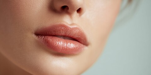 Fototapeta premium Close-up of a woman's full, luscious lips with subtle shimmer and natural skin texture
