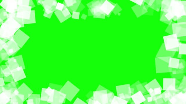 Vibrant green background animation with randomly scattered white square shapes forming dynamic abstract motion