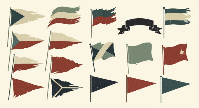 Vintage Flags Collection: Waving Banners, Pennants, and Ribbons on Poles