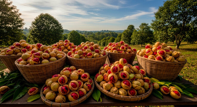Authentic and abundant harvest of fresh nutmeg fruits overflowing from woven baskets in a sun-drenched tropical orchard during the peak season