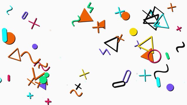 White background animation with scattered colorful geometric shapes and symbols creating a dynamic and abstract composition