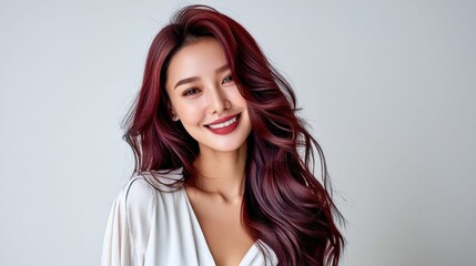 Naklejka premium Beautiful young Asian woman with long, wavy, dark red hair smiling brightly
