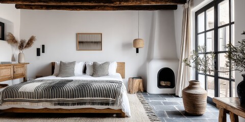 Naklejka premium Elegant Bedroom Interior with Neutral Tones, Fireplace, and Natural Accents for a Relaxing and Cozy Atmosphere