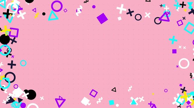 Pink background animation with scattered geometric shapes and symbols in purple, black, and yellow forming dynamic abstract motion