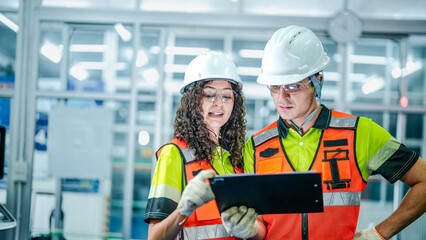 Two engineers use a tablet to program an AI system. They are in a futuristic smart factory,...