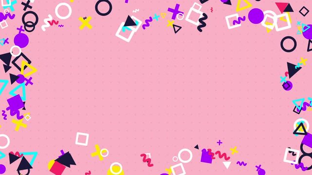 Pink background animation with scattered geometric shapes and patterns, including triangles, squares, circles, and lines arranged in overlapping random motion