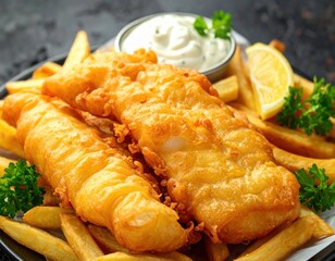 A close up of a fish and chips platter with dipping sauce
