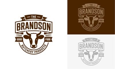 Obraz premium Vintage Bull Logo Designs for Butchery Products on White and Brown Backgrounds from Different Viewpoints