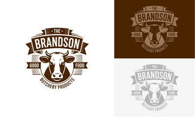 Obraz premium Vintage dairy farm logos featuring a cow's head and ribbon banners in different color variations on a transparent background