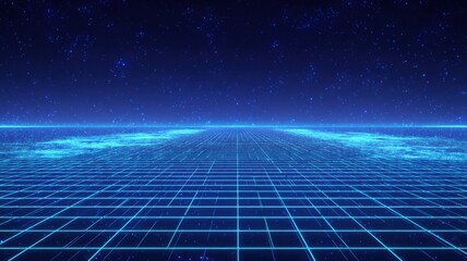Fototapeta premium Retro Sci-Fi Background with Grid, Futuristic Landscape, Starry Sky, and Glowing Horizon for Digital Design