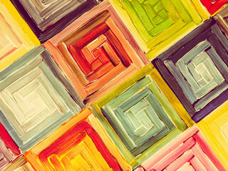 Colorful abstract Acrylic painting with geometric square spiral patterns and thick oil brushstrokes on canvas texture