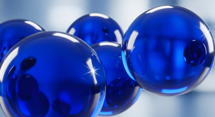 Abstract 3D render of vibrant blue glossy spheres with reflective surface