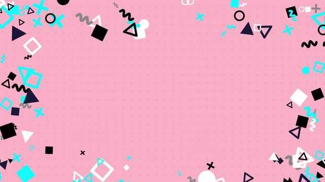 Pink background animation with black, white, and teal geometric shapes including triangles, squares, and rectangles creating playful visual motion