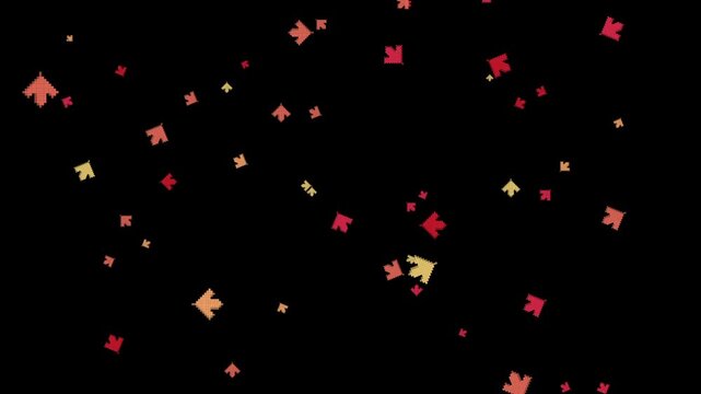 Black background animation with scattered orange and red leaves of varying sizes forming natural and dynamic movement