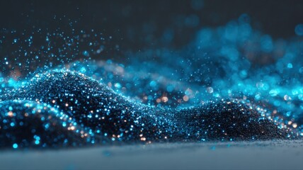 Fototapeta premium Abstract glowing particles background, digital illustration of a dark matter simulation with sparkling blue and gold bokeh