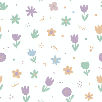 Small scale floral and leaf seamless pattern in soft neutral tones