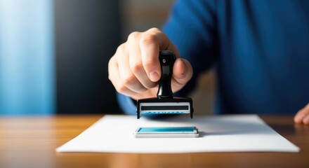 Person stamping a document with a rubber stamp